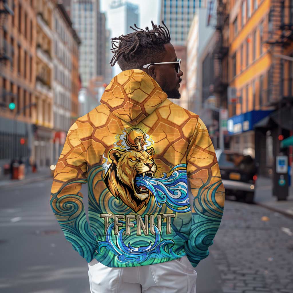 Egyptian Tefnut Fiery Eye Hoodie with Roaring Lion in Desert and Water Element