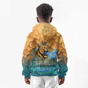 Egyptian Tefnut Fiery Eye Kid Hoodie with Roaring Lion in Desert and Water Element