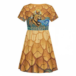 Egyptian Tefnut Fiery Eye Kid Short Sleeve Dress with Roaring Lion in Desert and Water Element
