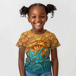 Egyptian Tefnut Fiery Eye Kid T shirt with Roaring Lion in Desert and Water Element