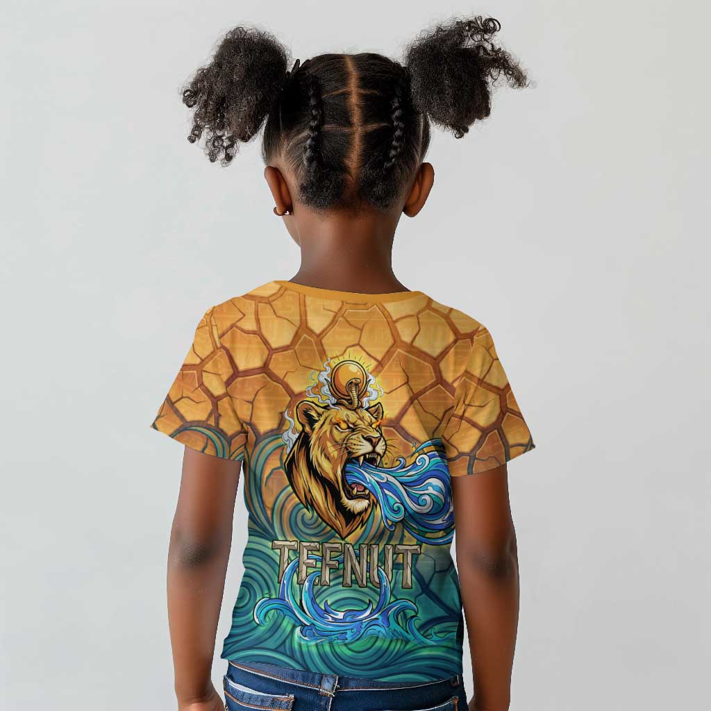 Egyptian Tefnut Fiery Eye Kid T shirt with Roaring Lion in Desert and Water Element
