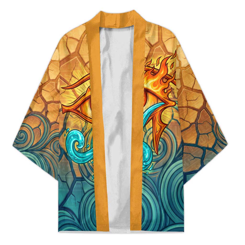 Egyptian Tefnut Fiery Eye Kimono with Roaring Lion in Desert and Water Element