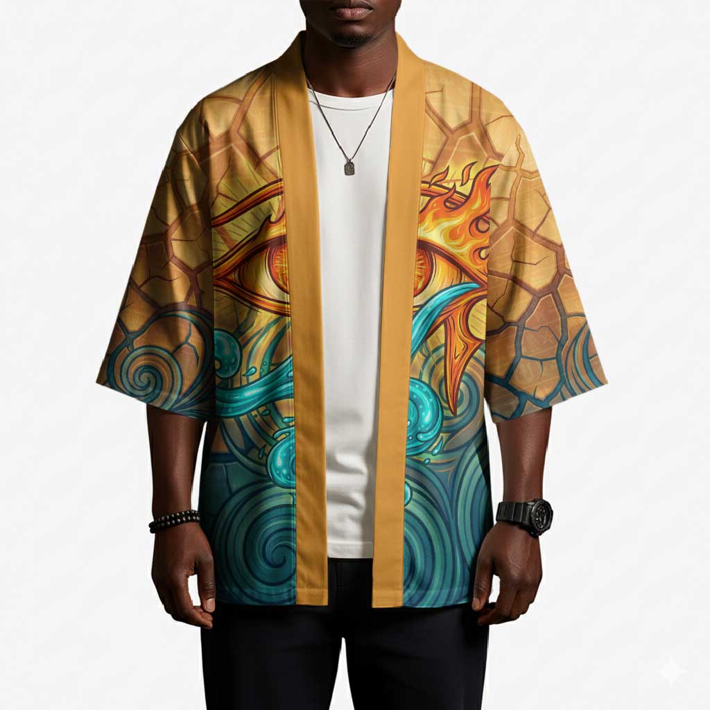 Egyptian Tefnut Fiery Eye Kimono with Roaring Lion in Desert and Water Element