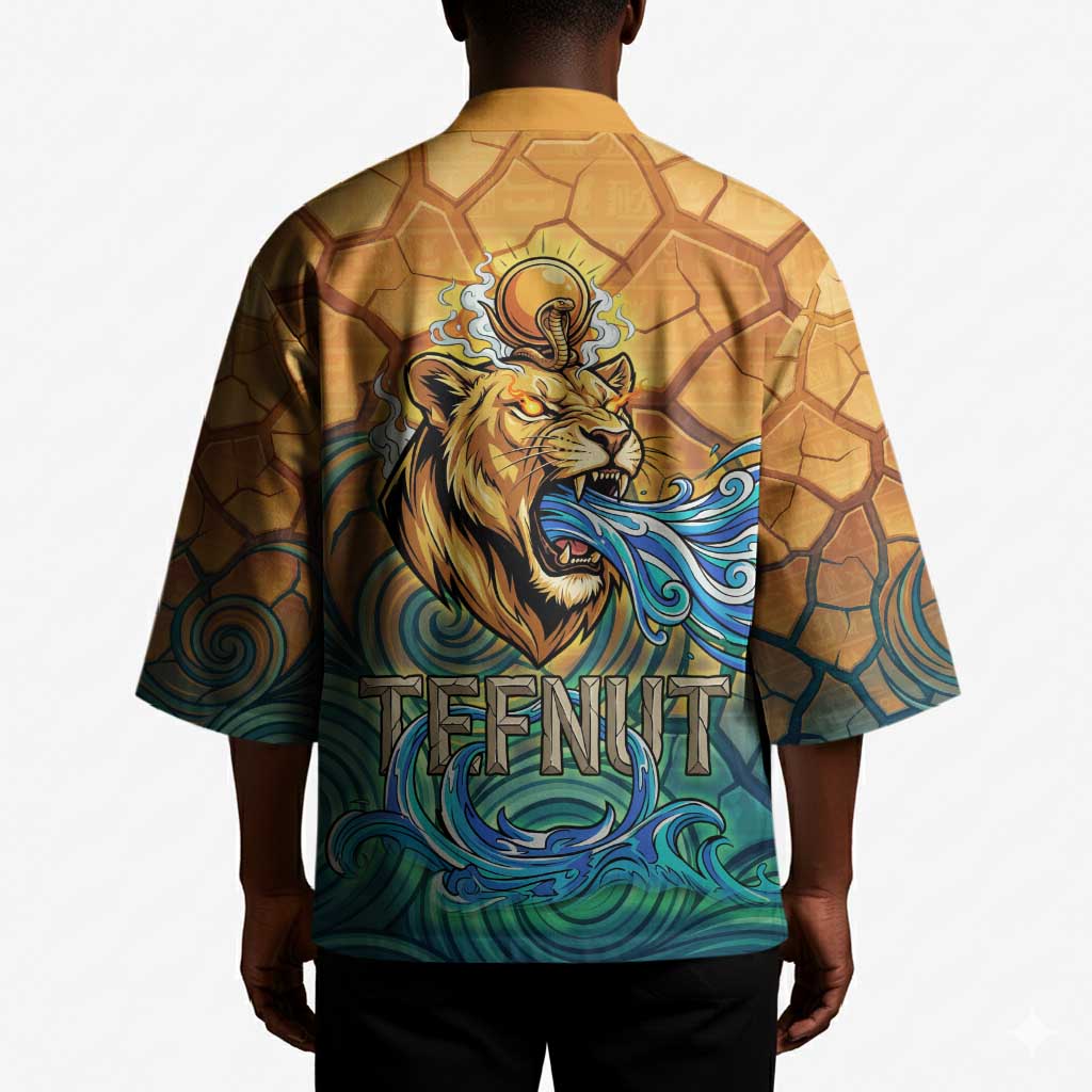 Egyptian Tefnut Fiery Eye Kimono with Roaring Lion in Desert and Water Element