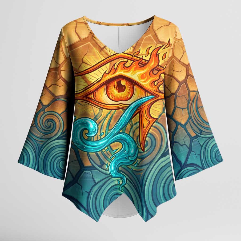 Egyptian Tefnut Fiery Eye Kimono Sleeve Blouse with Roaring Lion in Desert and Water Element