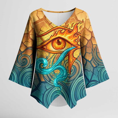 Egyptian Tefnut Fiery Eye Kimono Sleeve Blouse with Roaring Lion in Desert and Water Element