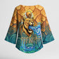 Egyptian Tefnut Fiery Eye Kimono Sleeve Blouse with Roaring Lion in Desert and Water Element