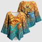 Egyptian Tefnut Fiery Eye Kimono Sleeve Blouse with Roaring Lion in Desert and Water Element