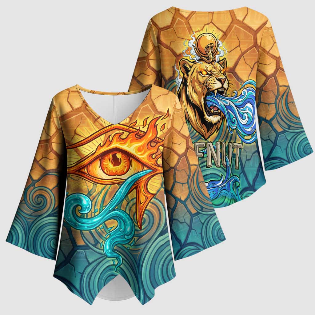Egyptian Tefnut Fiery Eye Kimono Sleeve Blouse with Roaring Lion in Desert and Water Element