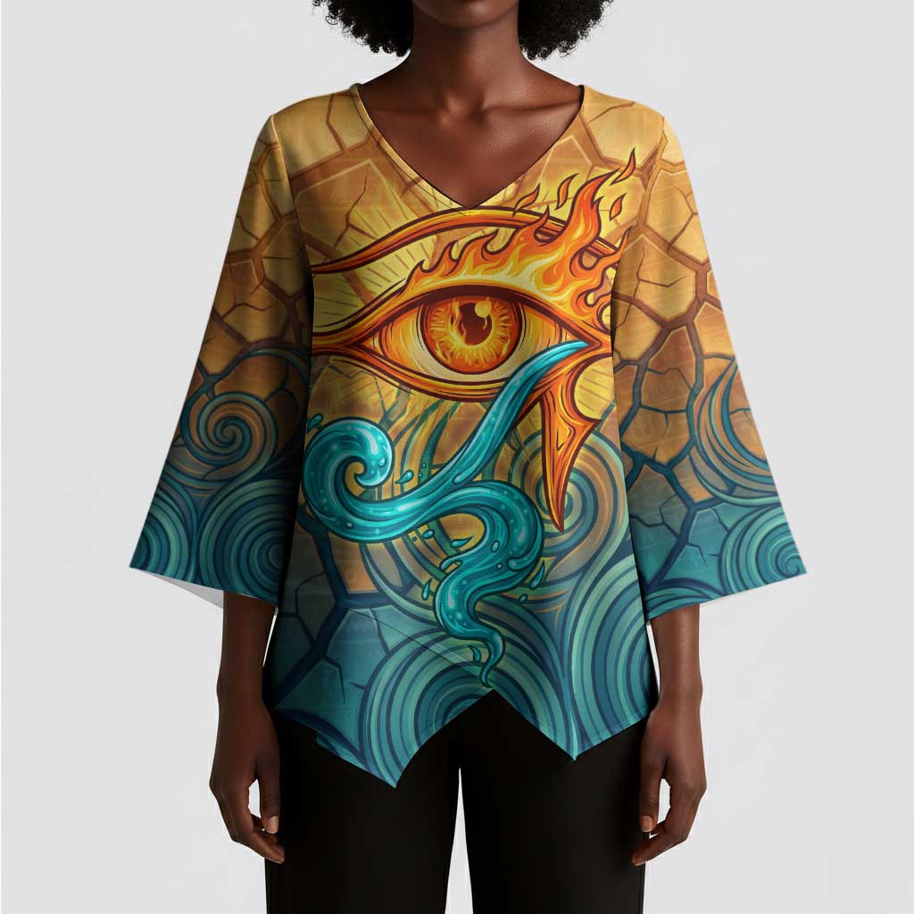 Egyptian Tefnut Fiery Eye Kimono Sleeve Blouse with Roaring Lion in Desert and Water Element