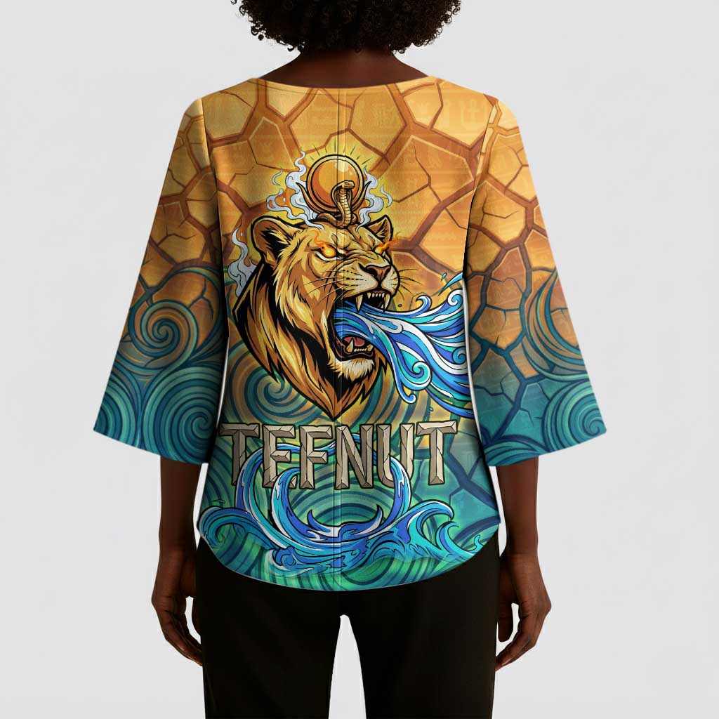 Egyptian Tefnut Fiery Eye Kimono Sleeve Blouse with Roaring Lion in Desert and Water Element