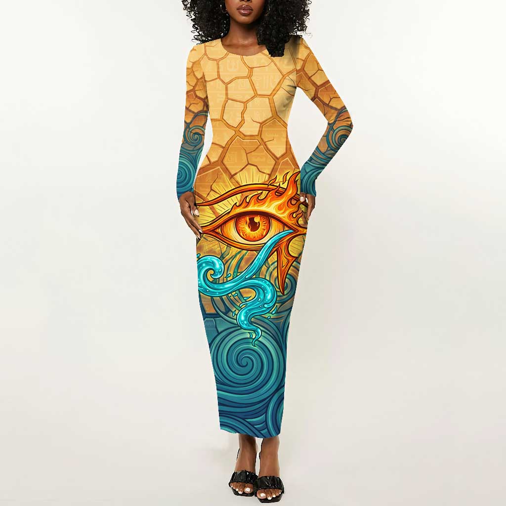 Egyptian Tefnut Fiery Eye Long Sleeve Bodycon Dress with Roaring Lion in Desert and Water Element