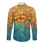 Egyptian Tefnut Fiery Eye Long Sleeve Button Shirt with Roaring Lion in Desert and Water Element
