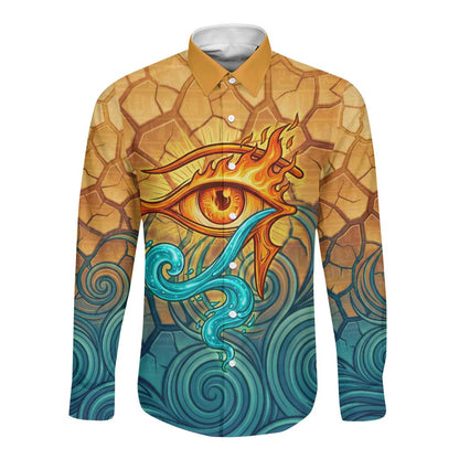 Egyptian Tefnut Fiery Eye Long Sleeve Button Shirt with Roaring Lion in Desert and Water Element