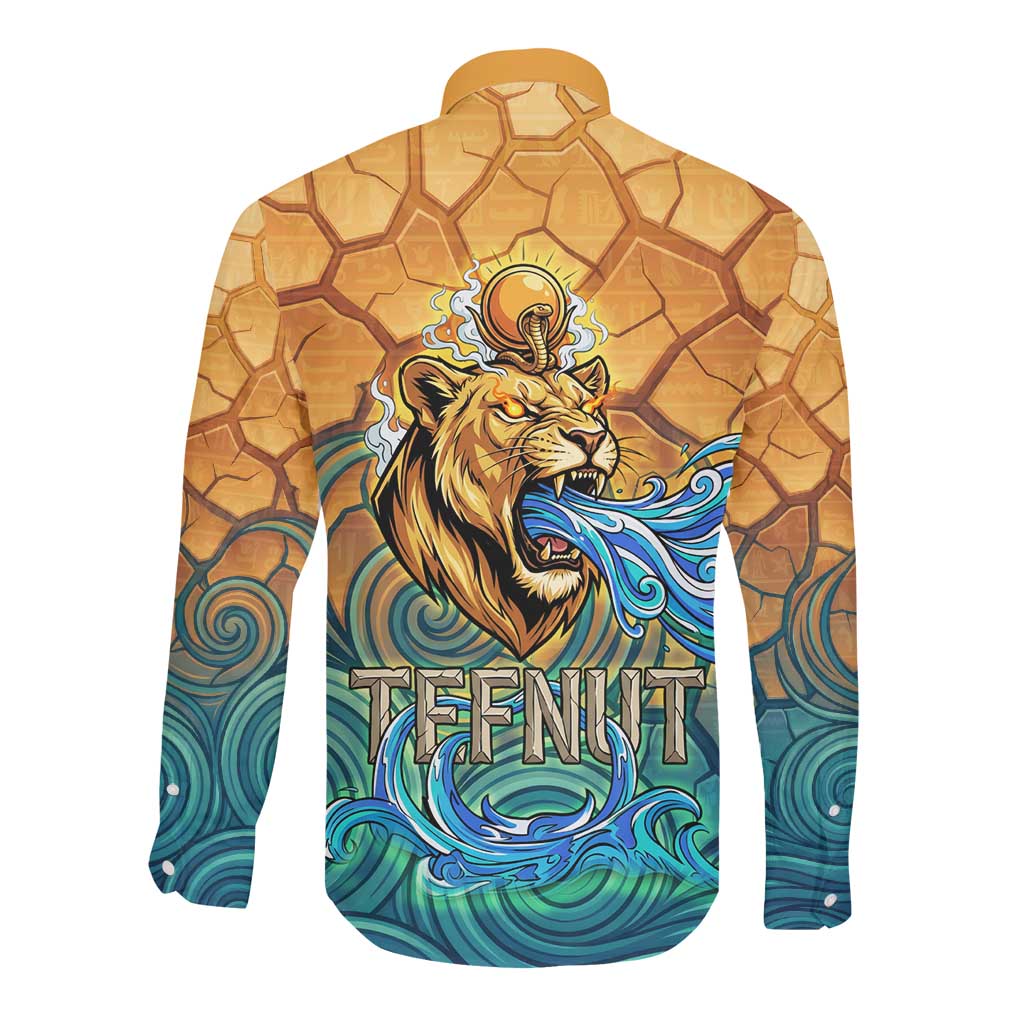 Egyptian Tefnut Fiery Eye Long Sleeve Button Shirt with Roaring Lion in Desert and Water Element