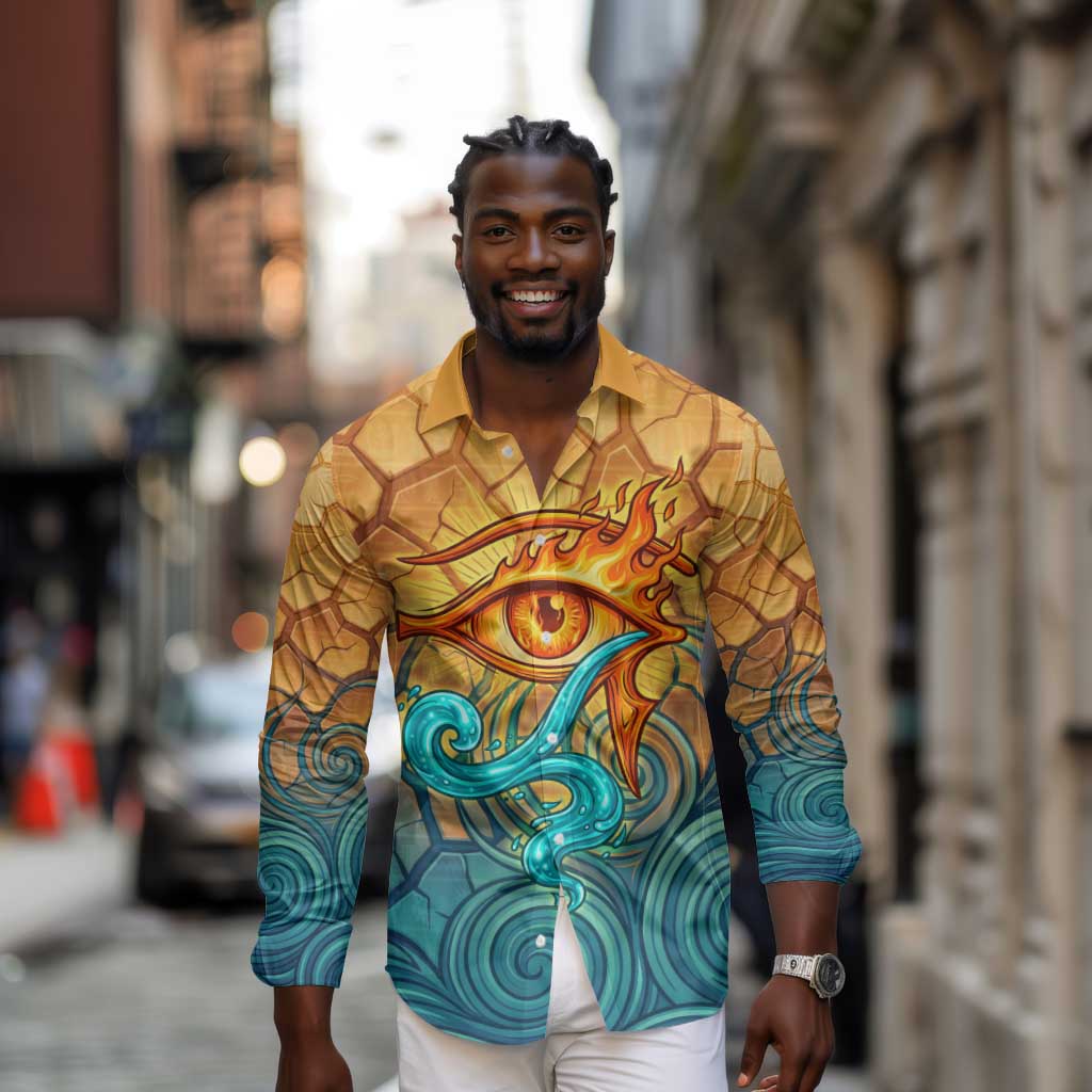 Egyptian Tefnut Fiery Eye Long Sleeve Button Shirt with Roaring Lion in Desert and Water Element