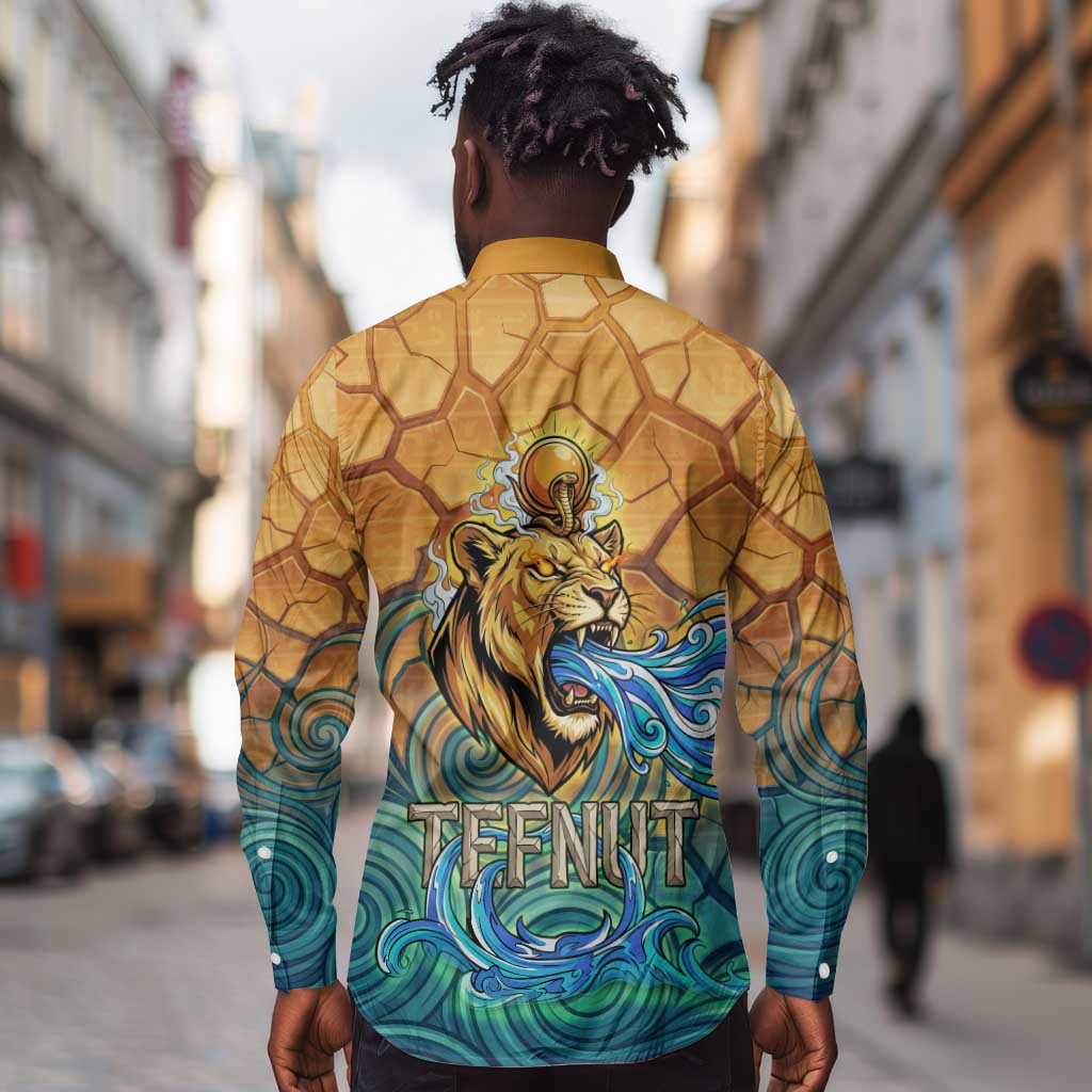 Egyptian Tefnut Fiery Eye Long Sleeve Button Shirt with Roaring Lion in Desert and Water Element