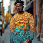Egyptian Tefnut Fiery Eye Long Sleeve Shirt with Roaring Lion in Desert and Water Element
