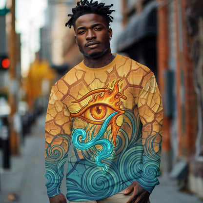 Egyptian Tefnut Fiery Eye Long Sleeve Shirt with Roaring Lion in Desert and Water Element
