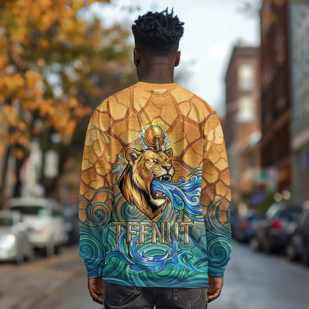 Egyptian Tefnut Fiery Eye Long Sleeve Shirt with Roaring Lion in Desert and Water Element