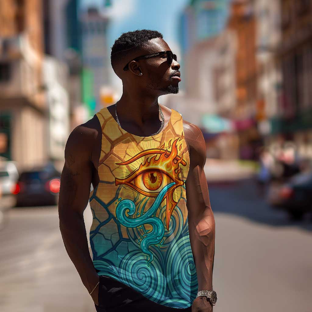 Egyptian Tefnut Fiery Eye Men Tank Top with Roaring Lion in Desert and Water Element