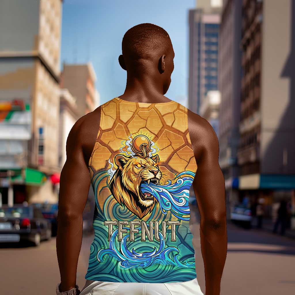 Egyptian Tefnut Fiery Eye Men Tank Top with Roaring Lion in Desert and Water Element