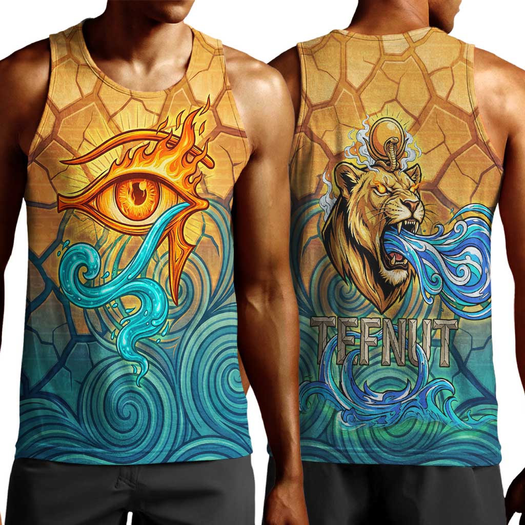 Egyptian Tefnut Fiery Eye Men Tank Top with Roaring Lion in Desert and Water Element
