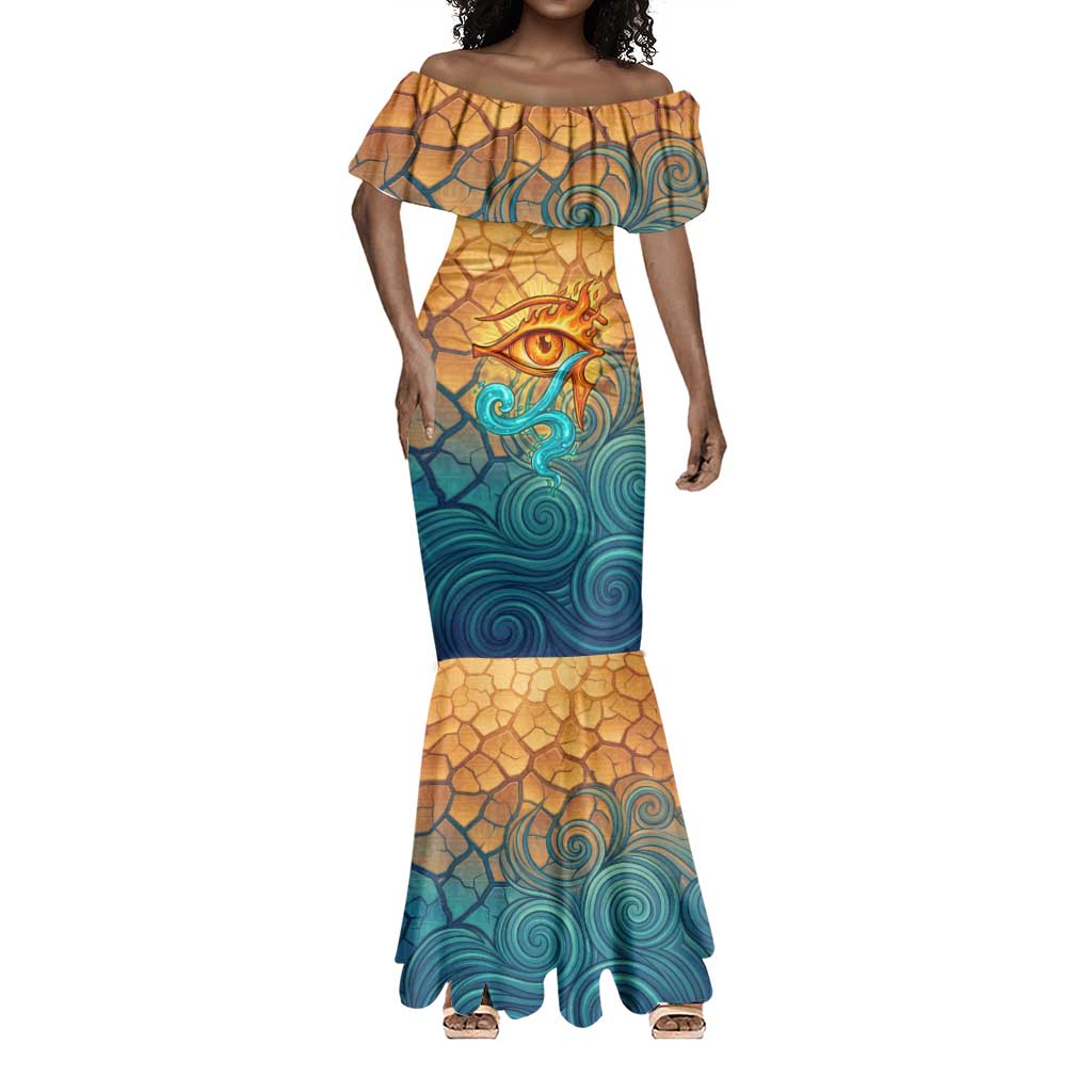 Egyptian Tefnut Fiery Eye Mermaid Dress with Roaring Lion in Desert and Water Element