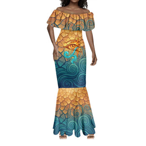 Egyptian Tefnut Fiery Eye Mermaid Dress with Roaring Lion in Desert and Water Element