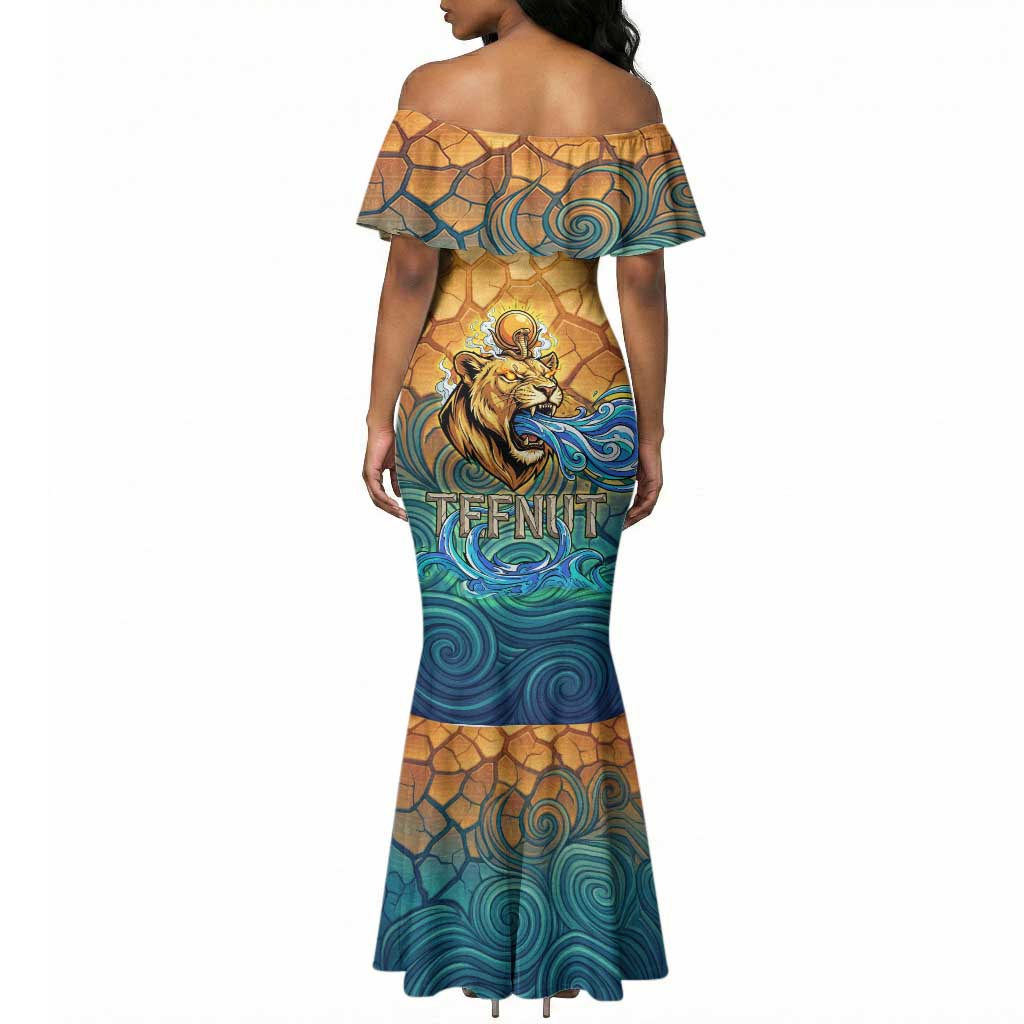 Egyptian Tefnut Fiery Eye Mermaid Dress with Roaring Lion in Desert and Water Element