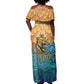 Egyptian Tefnut Fiery Eye Off Shoulder Maxi Dress with Roaring Lion in Desert and Water Element