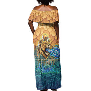 Egyptian Tefnut Fiery Eye Off Shoulder Maxi Dress with Roaring Lion in Desert and Water Element