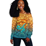Egyptian Tefnut Fiery Eye Off Shoulder Sweater with Roaring Lion in Desert and Water Element