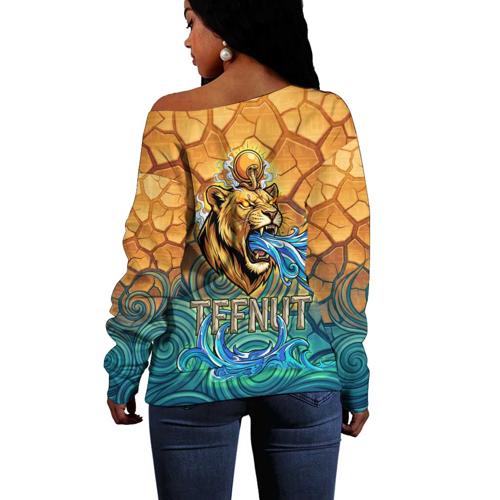 Egyptian Tefnut Fiery Eye Off Shoulder Sweater with Roaring Lion in Desert and Water Element
