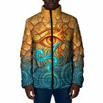 Egyptian Tefnut Fiery Eye Padded Jacket with Roaring Lion in Desert and Water Element