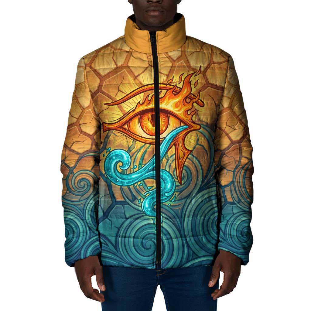 Egyptian Tefnut Fiery Eye Padded Jacket with Roaring Lion in Desert and Water Element