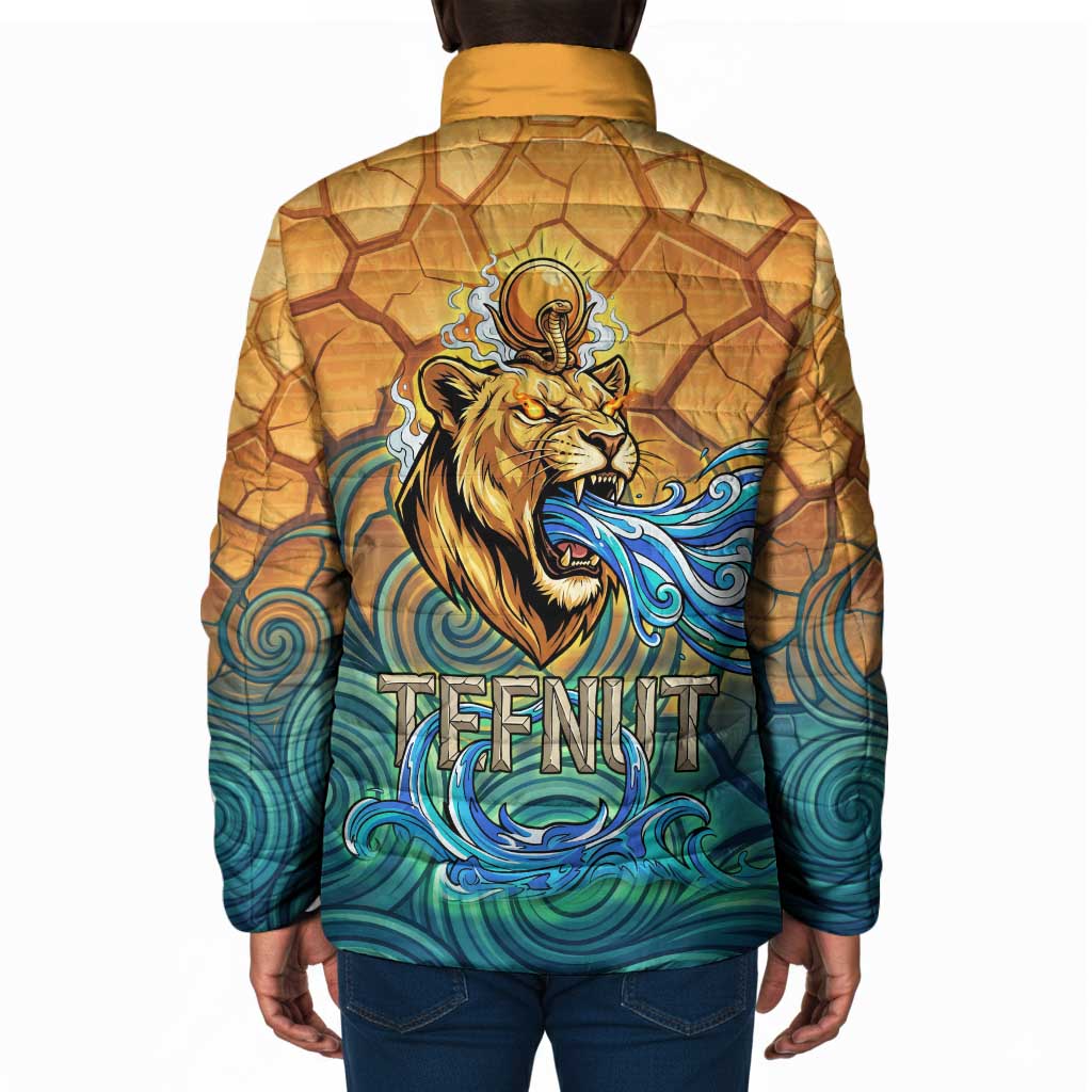 Egyptian Tefnut Fiery Eye Padded Jacket with Roaring Lion in Desert and Water Element