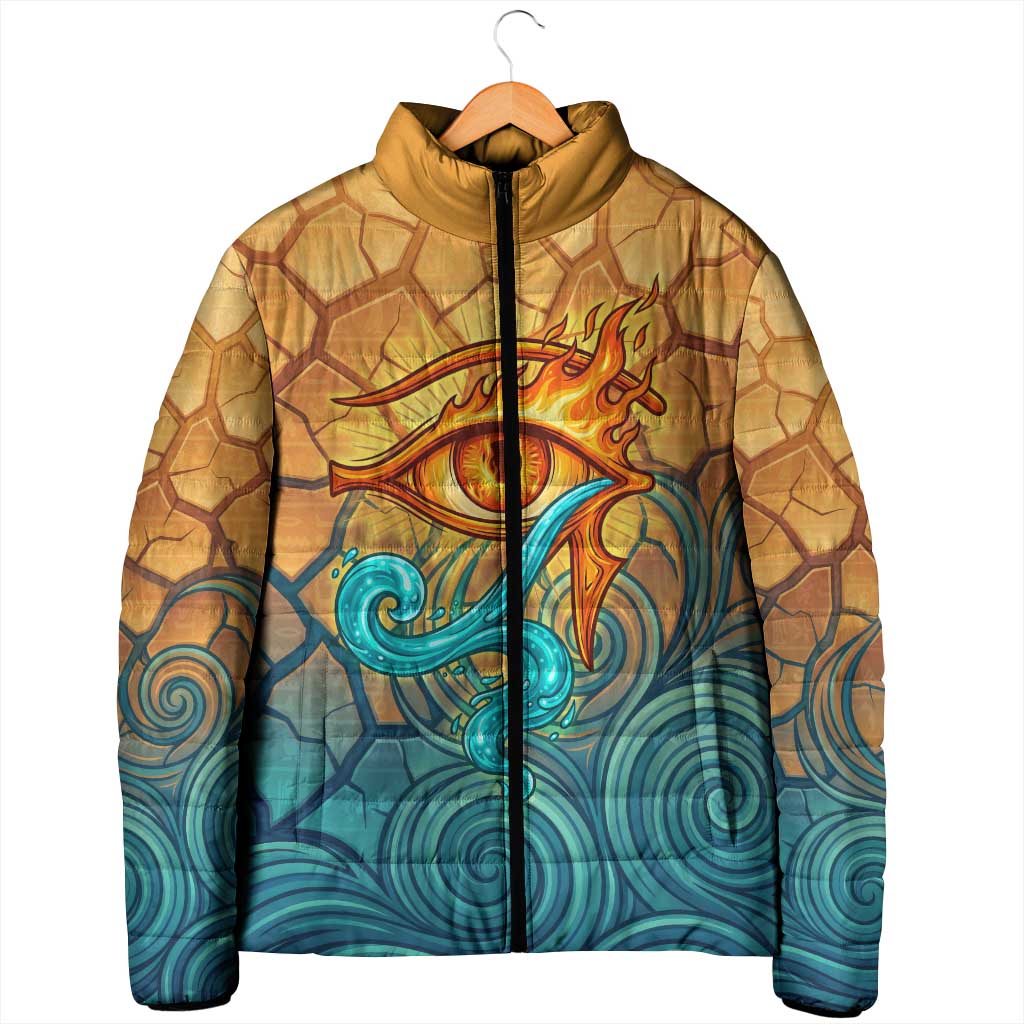 Egyptian Tefnut Fiery Eye Padded Jacket with Roaring Lion in Desert and Water Element