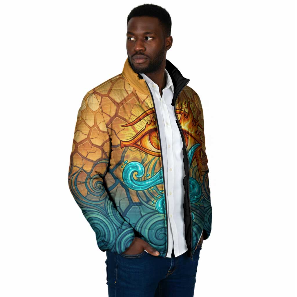 Egyptian Tefnut Fiery Eye Padded Jacket with Roaring Lion in Desert and Water Element