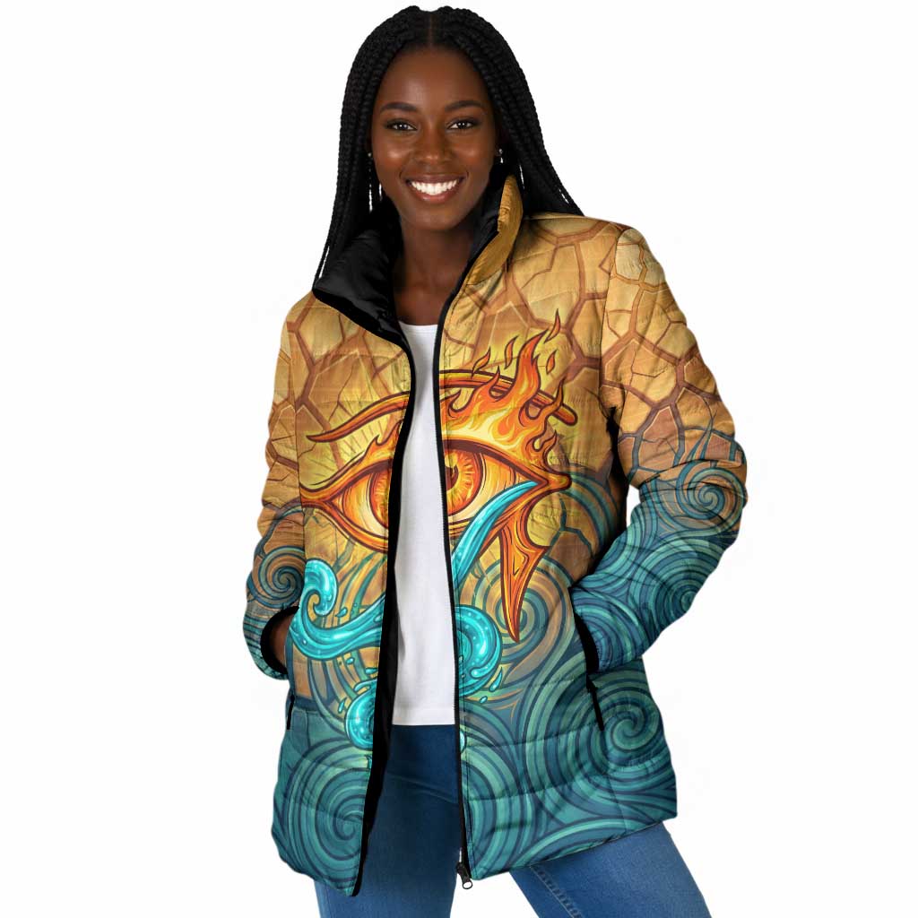 Egyptian Tefnut Fiery Eye Padded Jacket with Roaring Lion in Desert and Water Element