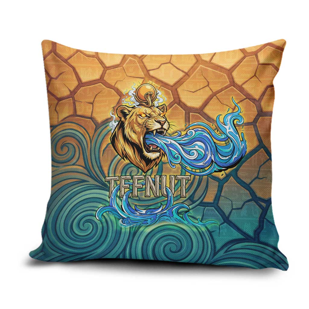 Egyptian Tefnut Fiery Eye Pillow Cover with Roaring Lion in Desert and Water Element