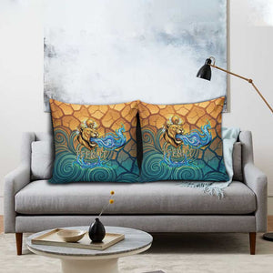 Egyptian Tefnut Fiery Eye Pillow Cover with Roaring Lion in Desert and Water Element