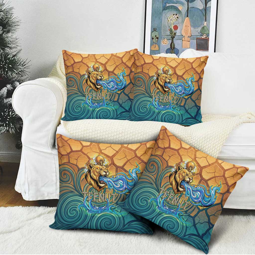 Egyptian Tefnut Fiery Eye Pillow Cover with Roaring Lion in Desert and Water Element