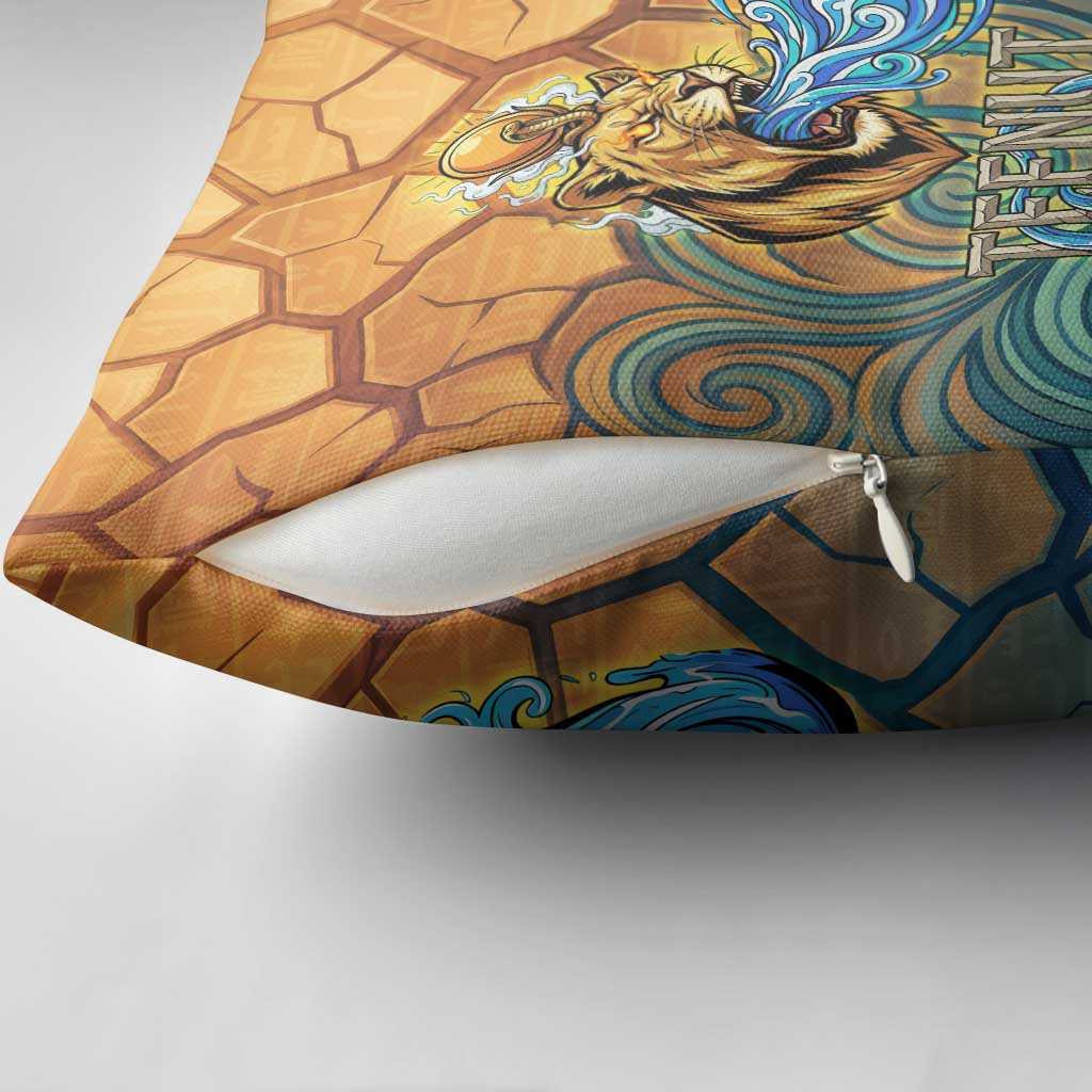 Egyptian Tefnut Fiery Eye Pillow Cover with Roaring Lion in Desert and Water Element