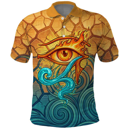 Egyptian Tefnut Fiery Eye Polo Shirt with Roaring Lion in Desert and Water Element