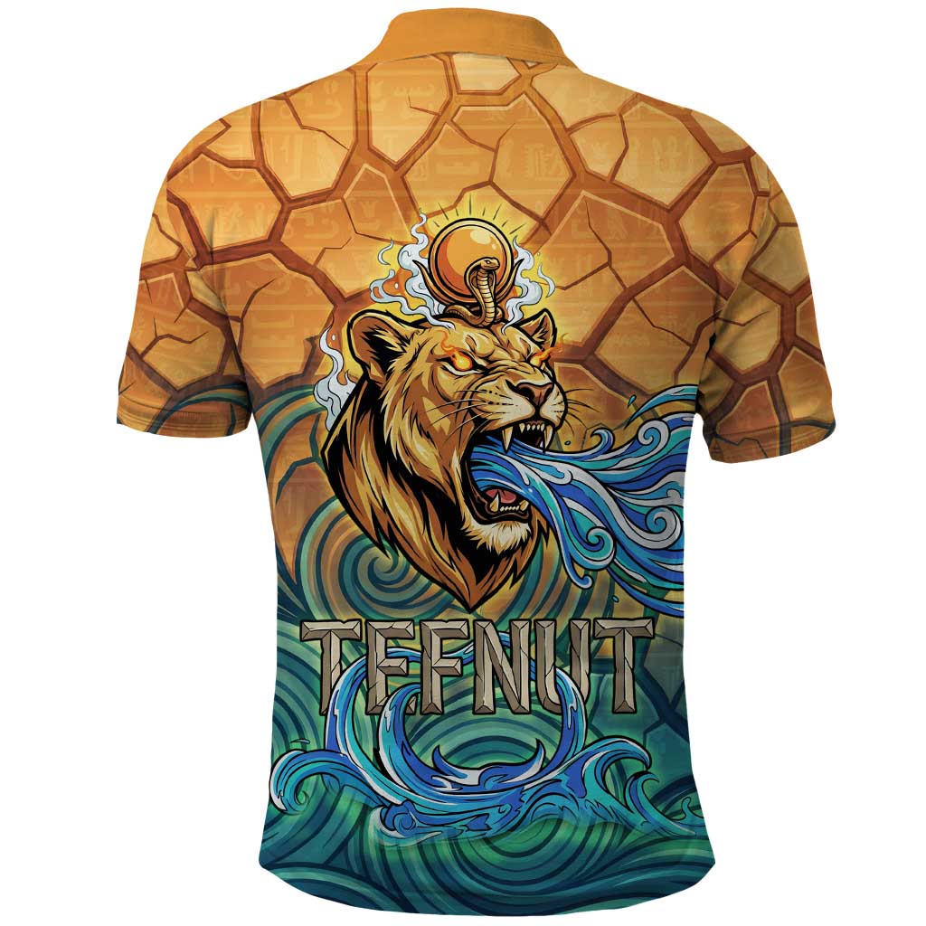 Egyptian Tefnut Fiery Eye Polo Shirt with Roaring Lion in Desert and Water Element