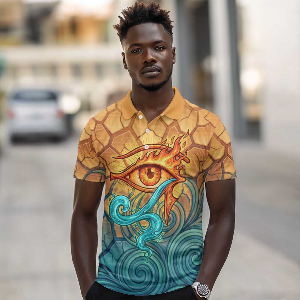 Egyptian Tefnut Fiery Eye Polo Shirt with Roaring Lion in Desert and Water Element