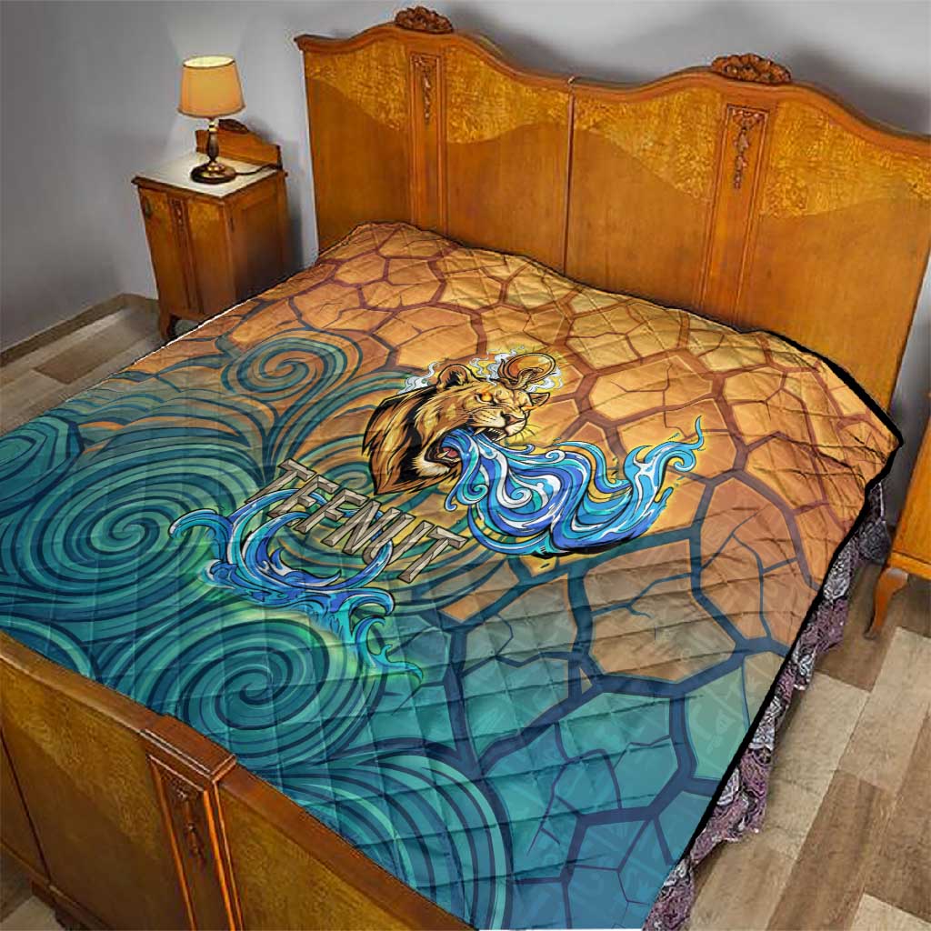 Egyptian Tefnut Fiery Eye Quilt with Roaring Lion in Desert and Water Element