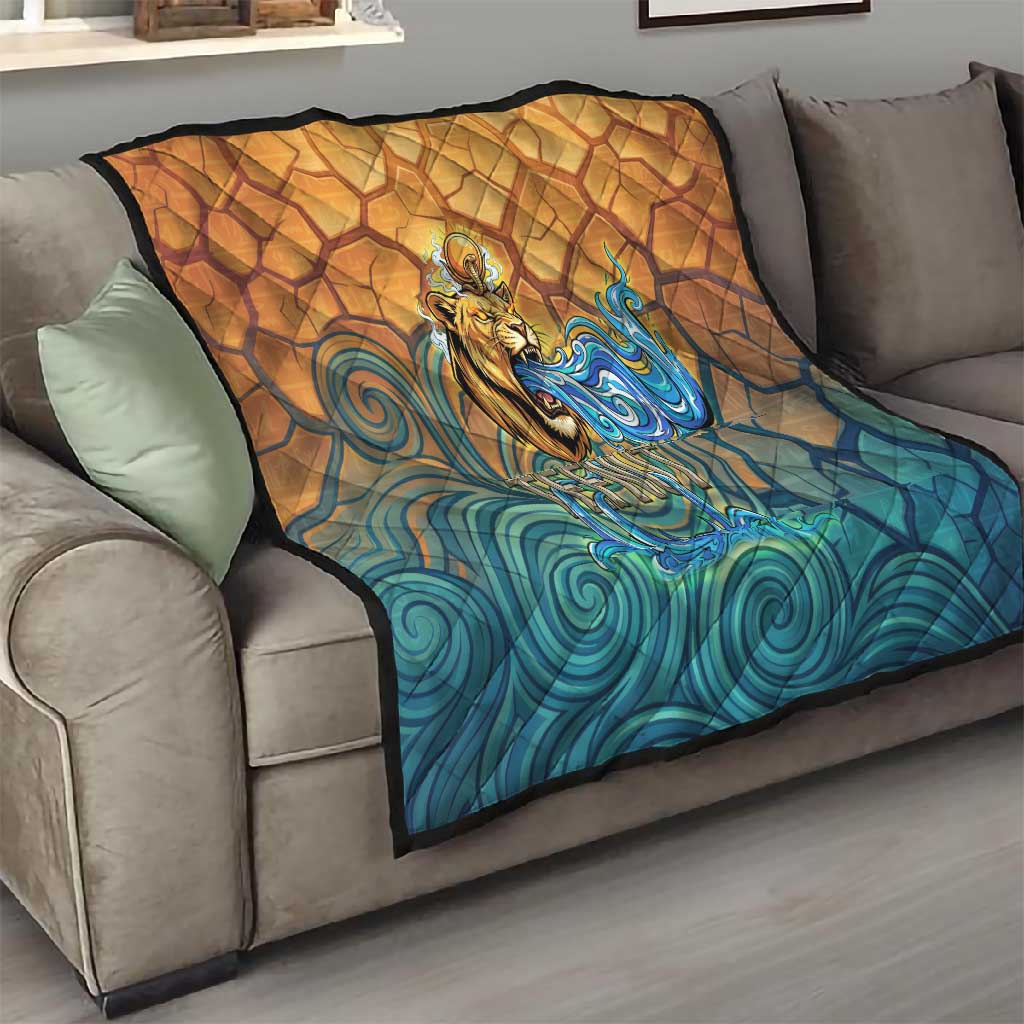 Egyptian Tefnut Fiery Eye Quilt with Roaring Lion in Desert and Water Element