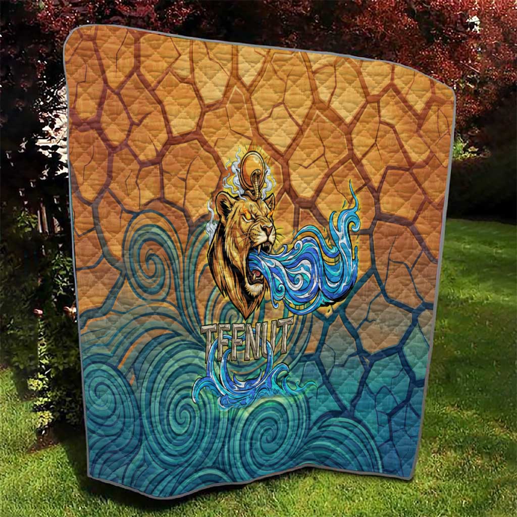 Egyptian Tefnut Fiery Eye Quilt with Roaring Lion in Desert and Water Element
